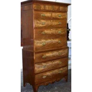 English flame mahogany chest on chest. Wonderful proportions, with original oval bail handles. Detailed cornice. 41 x 20 x...