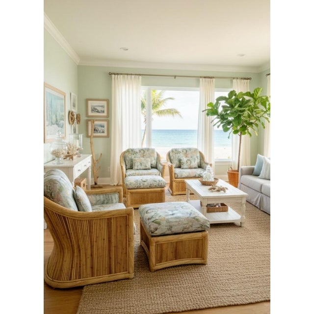 Vintage Pencil Reed Vivai Del Sud Style Coastal Regency Lounge Chairs With Matching Ottomans- Set 4 For Sale - Image 14 of 15