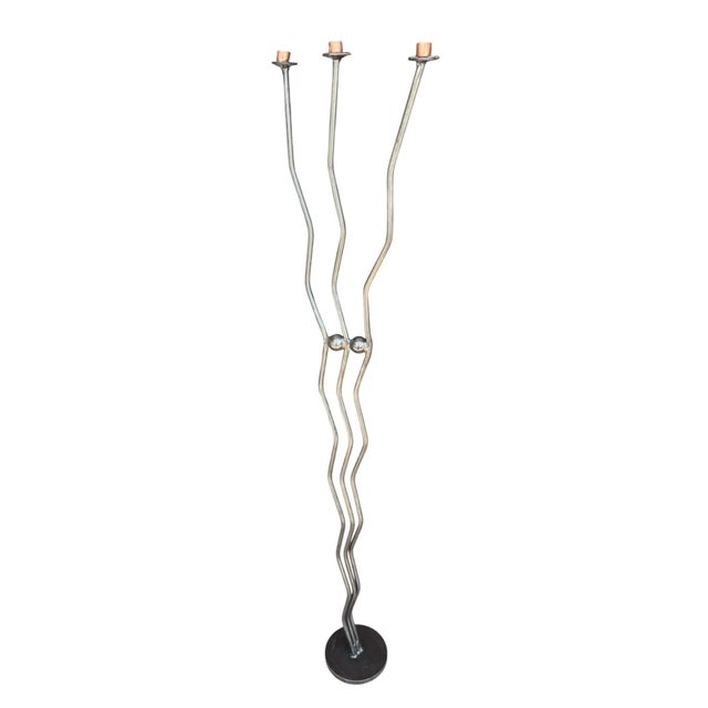 Silver Vintage Handmade Brutalist Wrought Iron Floor Candleholder For Sale - Image 8 of 12