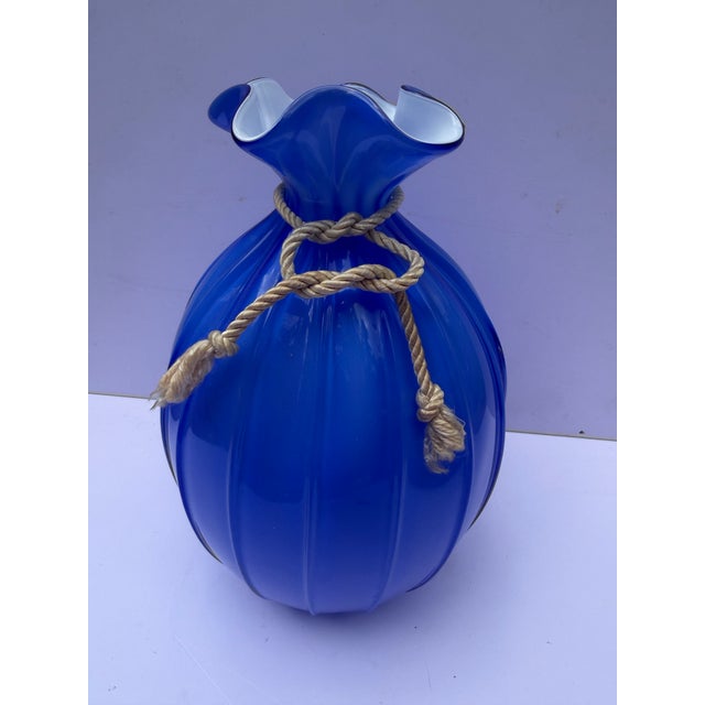 Large Vintage Hand-Blown 8" Blue Glass Opaline Money Bag Vase For Sale - Image 9 of 12