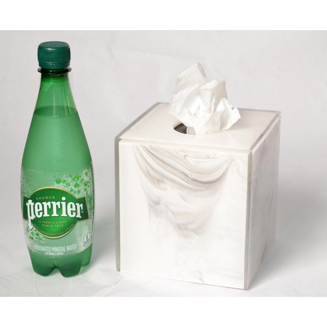 Vintage White Faux Marble Lucite Encased Tissue Box Cover Boutique Box For Sale - Image 9 of 13