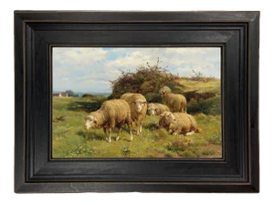 Sheep in Country Field Framed Oil Painting Reproduction Print on Canvas - 8" X 10"