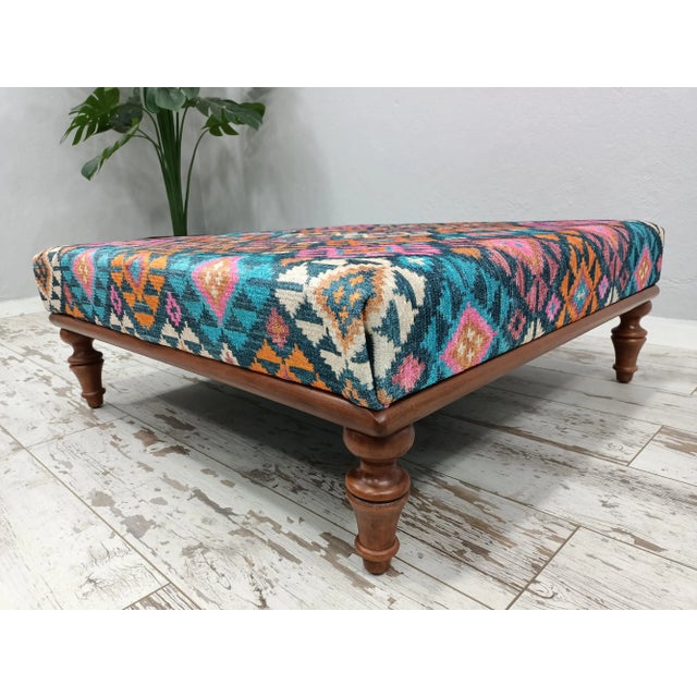Aztec Pattern Rug Print Fabric Upholstered Square Coffee Table With Turned Legs For Sale In Raleigh - Image 6 of 9