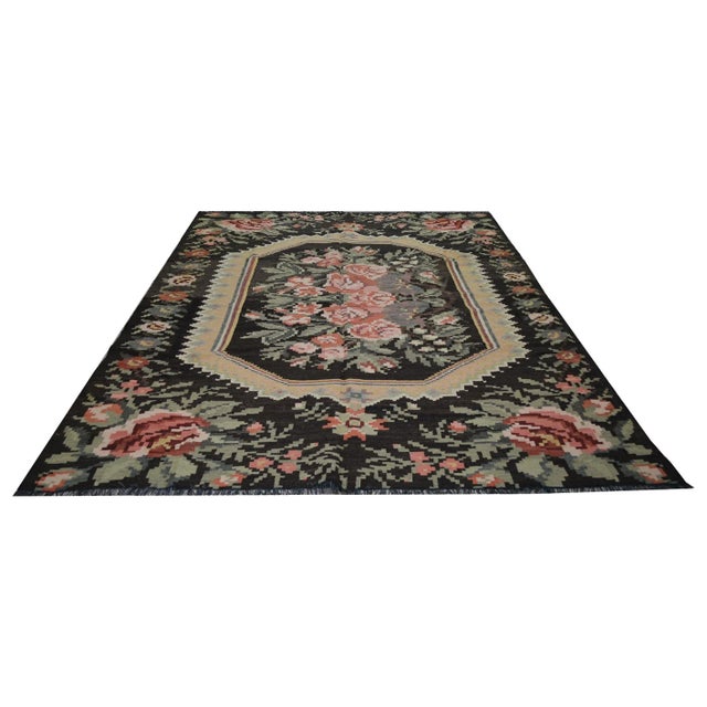 Vintage Bessarabian floral hand woven kilim with natural colors,organic wool and French Roses pattern.