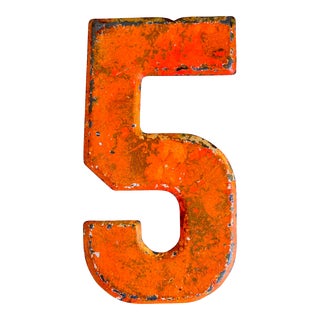 1950s Enameled Metal Number “5” With Patina For Sale