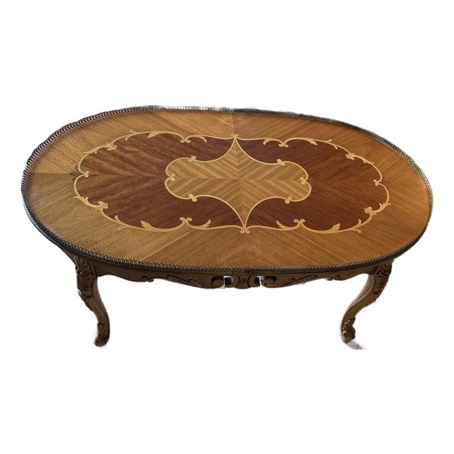 Vintage Mid-Century Italian Rococo Revival Marquetry Coffee Table With Pierced Brass Gallery For Sale