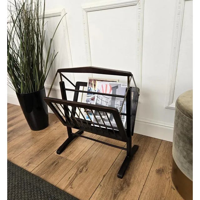 Mid-Century Italian Brass and Wood Folding Folio Stand Magazine Rack, 1960s For Sale - Image 3 of 10