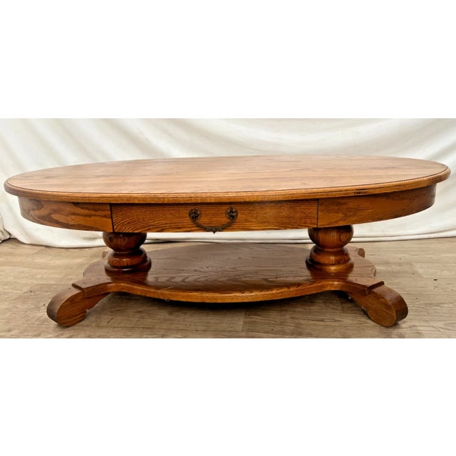 Gorgeous Vintage Oval Coffee Table, Made By Heirloom Enterprises Inc. Made in USA, Tiger Oak, Center Drawer, Shelf,...