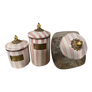 Set of 3 Mackenzie Childs Bathing Hut Set of Three Cookie Jar and Two Canisters Pink White