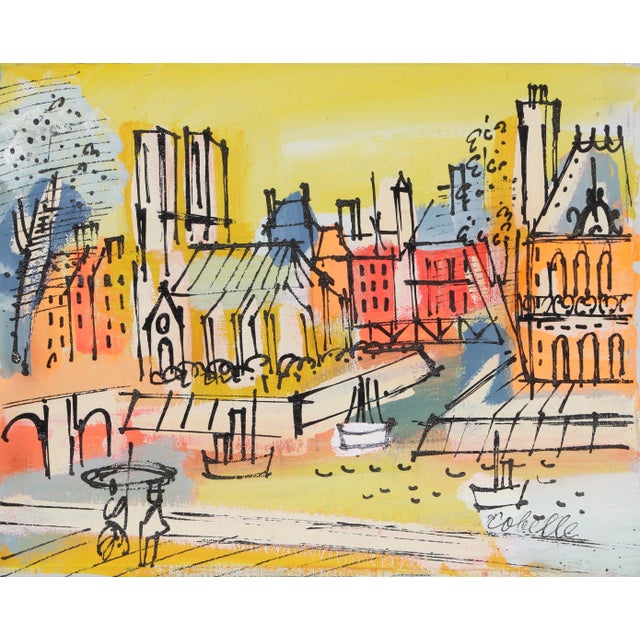 Charles Cobelle, Notre Dame Across the Seine, Acrylic on Canvas, Signed Lower Right For Sale