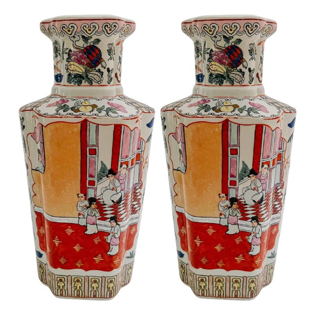 Maitland-Smith Chinoiserie Rose Medallion Quatrefoil Ceramic Vases - A Pair For Sale