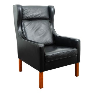 Mid Century Danish Modern Lounge Chair Leather Black Arm Denmark Wingback MCM For Sale