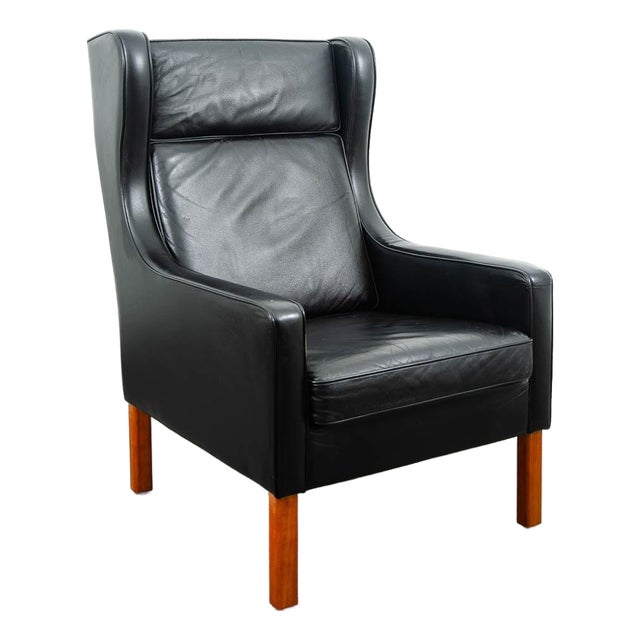 Mid Century Danish Modern Lounge Chair Leather Black Arm Denmark Wingback MCM For Sale