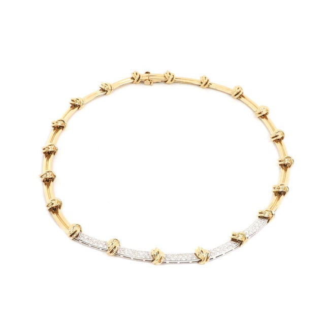 This lovely Estate collar necklace is crafted from 14k yellow and white gold featuring 5 rectangular shape 4.7mm wide bar...