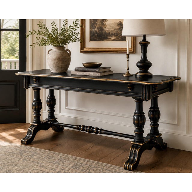 French Country Late 19th Century French Country Solid Wood Trestle Console Table in Black & Gilt For Sale - Image 3 of 4