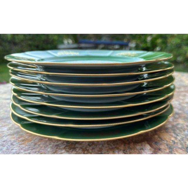 Ceramic Vintage Set of 8 French Hand Painted Cherubs Gold Gilt Green Porcelain Dinner Plates For Sale - Image 7 of 12