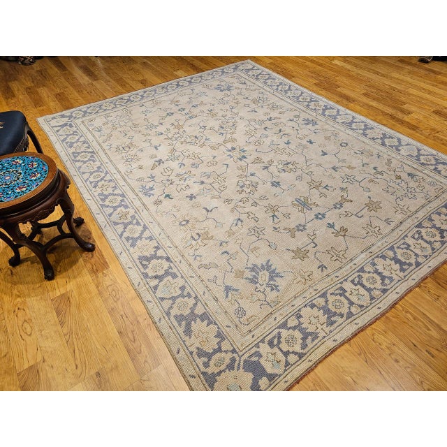 Late 19th Century Vintage Turkish Oushak Room Size Rug, Hand-Knotted Wool, Ivory, Blue, 8' x 10' For Sale - Image 5 of 16