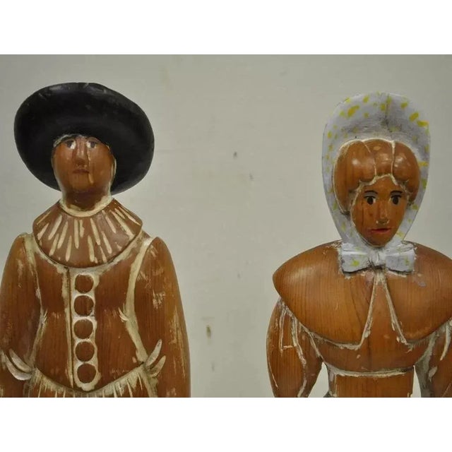Folk Art Late 20th Century Vintage Sarreid Ltd Pine Wooden Folk Art Sculptures Man and Woman - a Pair For Sale - Image 3 of 7