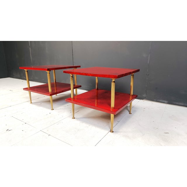 Metal Two Tier Lacquered Goatskin Side Tables attributed to Aldo Tura, 1960s, Set of 2 For Sale - Image 7 of 15