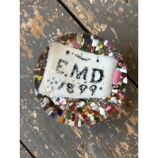 Antique Blown Glass Paperweight with Year and Initials, Circa 1899. Bulbous blown glass paperweight with a confetti-style...