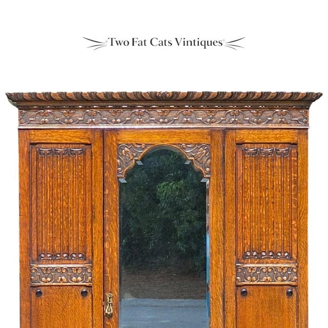 Antique Victorian Oak Wardrobe | Armoire | 3-Piece Knockdown | Beveled Mirror | Key | 19th Century For Sale - Image 14 of 18