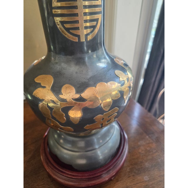 Vintage Pewter & Brass Asian Chinoiserie Jar Lamp For Sale - Image 11 of 11