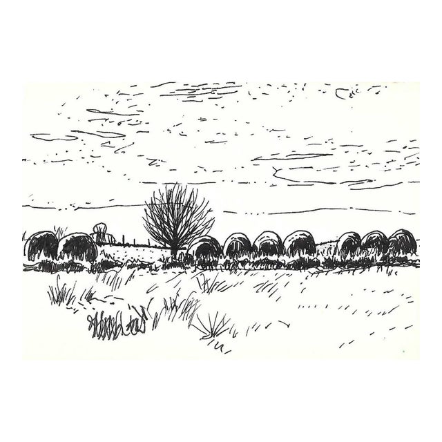 1970s Robert Angeloch Farm Landscape Drawing For Sale