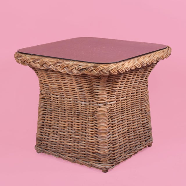 Pair of Braided Rattan Side Tables in nice as found vintage condition. There are minor scuffs, scrapes and wear to the...