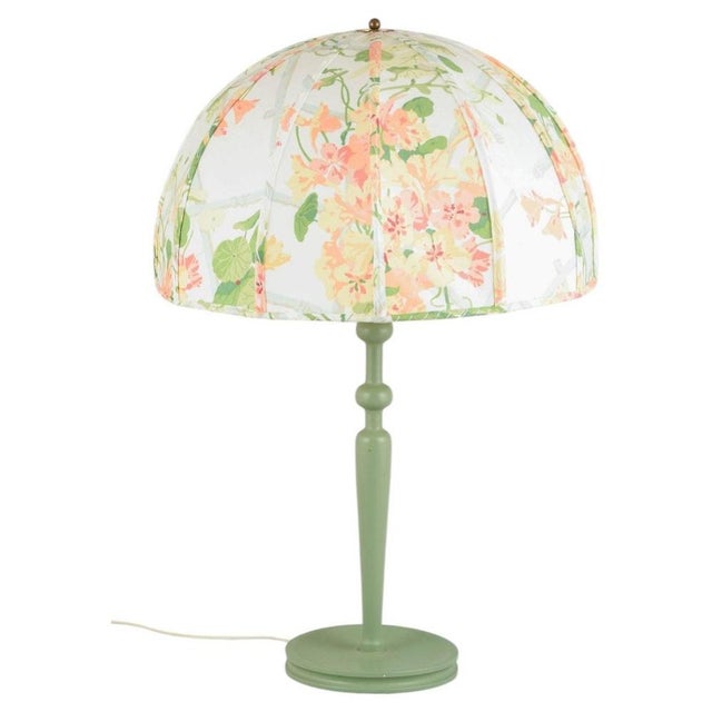 Green Table Lamp with Turned Wooden Base and Floral Shade by Josef Frank for Svenskt Tenn, 1960s For Sale - Image 8 of 8