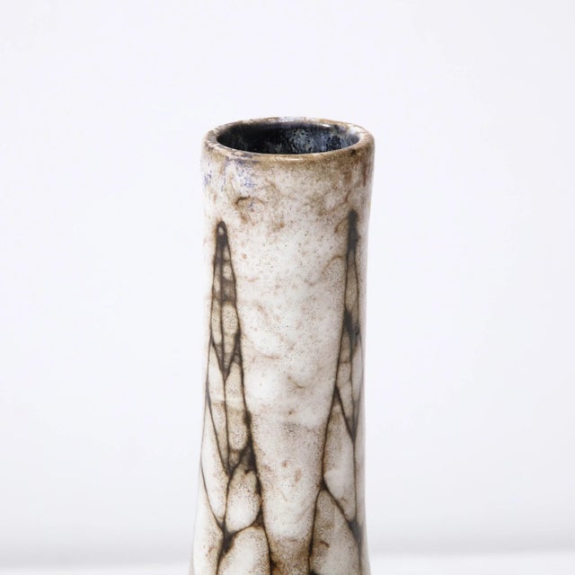 Mid-Century Modernist White and Earth Toned Tapered Ceramic Vase With Leaf Motif For Sale - Image 9 of 13