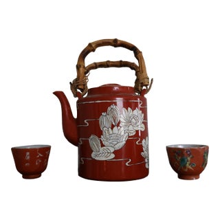 Mid 20th Century Japanese Porcelain Tea Set Hand Painted in Hong Kong - Set for 3 For Sale