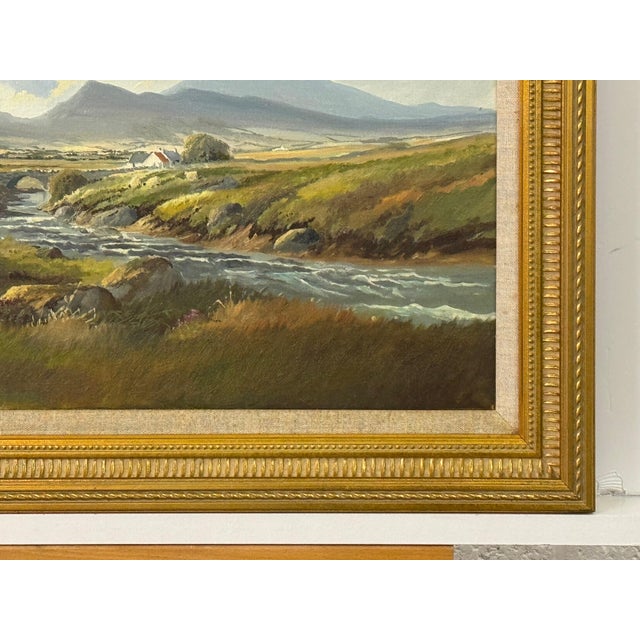 Green Painting of Mountain Cottages by River in Ireland by 20th Century Irish Artist 1990 Circa For Sale - Image 8 of 18