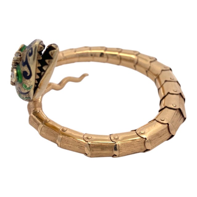 1960s 1960s Vintage 14k Enamel & Diamond Articulated Snake Bracelet For Sale - Image 5 of 10