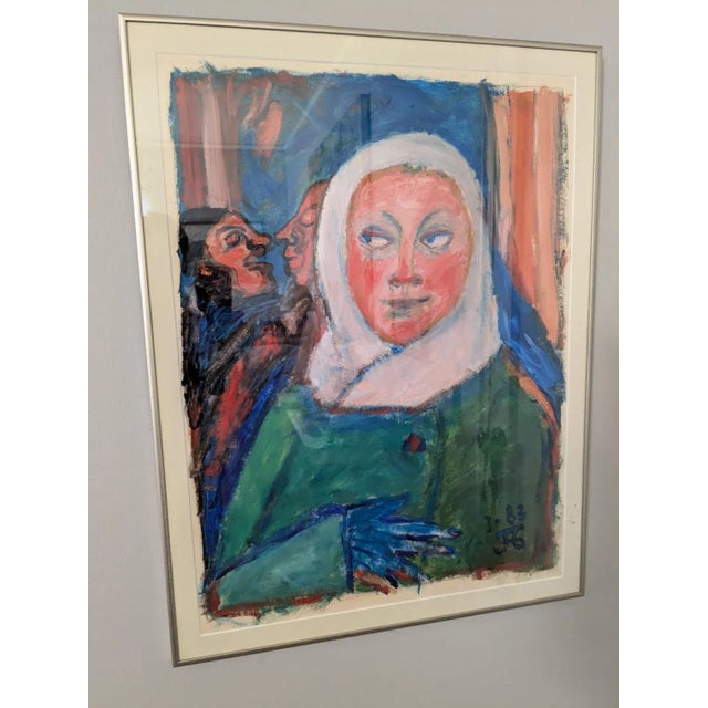Kelly Green Watercolor Portrait of Lady With Scarf; Mid 20th Century For Sale - Image 8 of 8