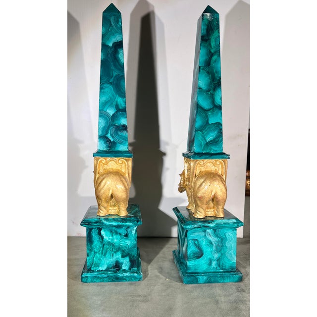 Pair of Vintage Grand tour Style Faux malachite and gilt brass obelisks of the Minerva (Minerveo). Italian, alabaster,...