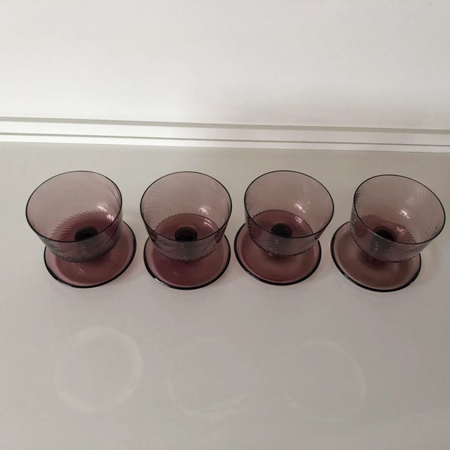 Vintage Dark Amethyst Glass Swirl Design Set of 4 Sherbet or Ice cream Dishes, 3.75"D X 3.4"H, No makers mark in excellent...
