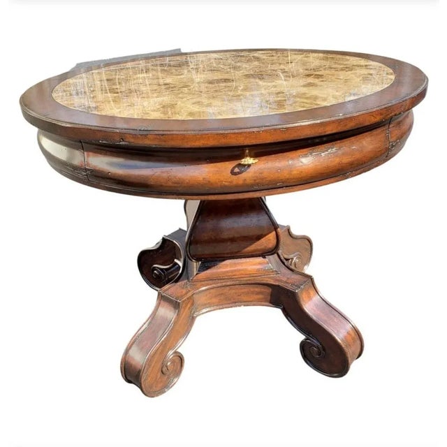 Marge Carson Distressed Walnut Quad Feet Pedestal Center Table With Madeira Marble Top Insert For Sale - Image 11 of 12