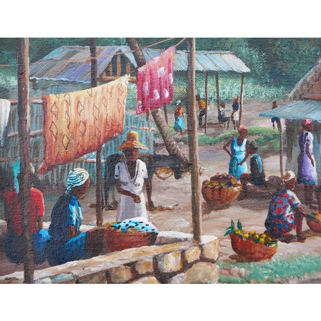 Modern realist daily life landscape painting by Haitian artist Felix Defournoy. The work features a bustling rural village...