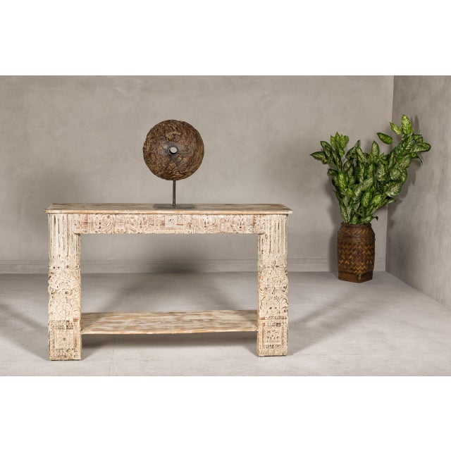 Early 21st Century Mughal Style Whitewash Console Table with Carved Apron and Lower Shelf For Sale - Image 5 of 12