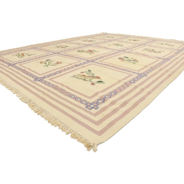 77938 Vintage Oltenian Romanian Floral Kilim Rug, 09'03 x 11'08. Oltenia Romanian kilim rugs are traditional flat-woven...