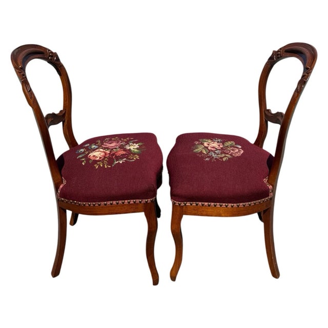 Victorian Pair Antique C1880 Victorian Walnut Side Chairs Needlepoint French Polished For Sale - Image 3 of 18