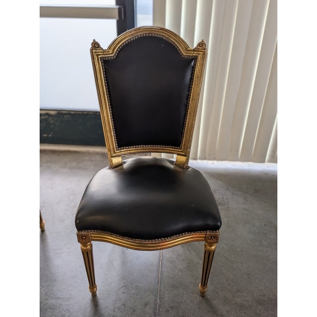 Set of 6 Antique 19th Century French Louis XVI Giltwood & Black Leather Dining Chairs For Sale In Sacramento - Image 6 of 13