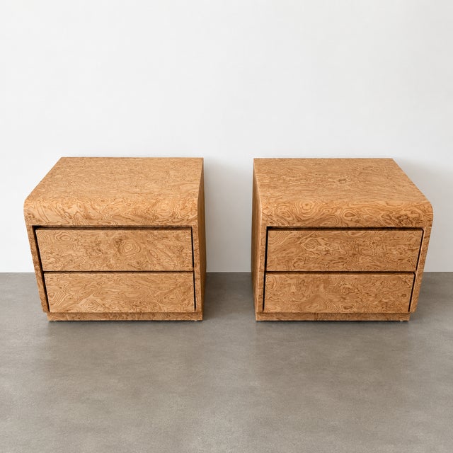 Gabriella Crespi 1970s Mid-Century Modern Walnut Burl Two-Drawer Nightstands, Pair For Sale - Image 4 of 10