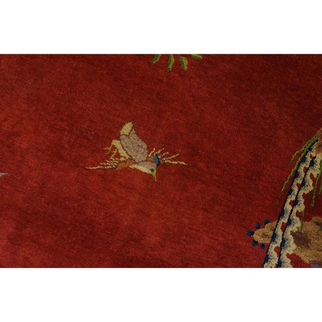 1920s Red Floral Antique Chinese Art Deco Water Bird Rug 8'2" X 9'8" Wool Carpet For Sale - Image 9 of 10