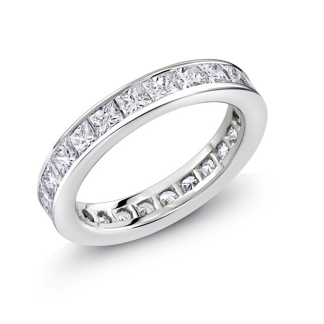 Platinum Princess Diamond 2.75 Carat Eternity 3.5 Millimeter Wide Band Size 6 For Sale - Image 4 of 4
