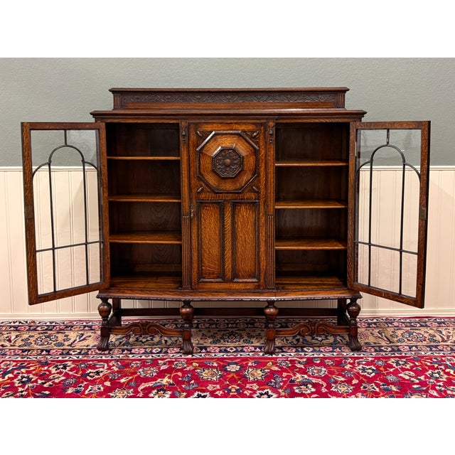 Brown Antique English Jacobean Bookcase Bow Front Cabinet Triple Door Oak C1930s For Sale - Image 8 of 18