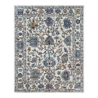 Oushak Handmade Wool Rug With Ivory and Blue Floral Pattern For Sale