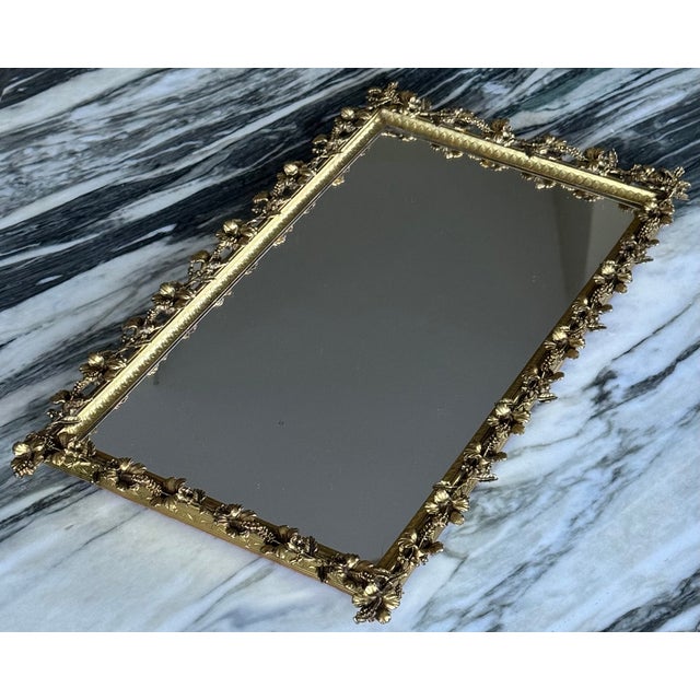 1970s Hibiscus Motif Vintage Gold Tone Plateau or Vanity Tray For Sale - Image 5 of 11