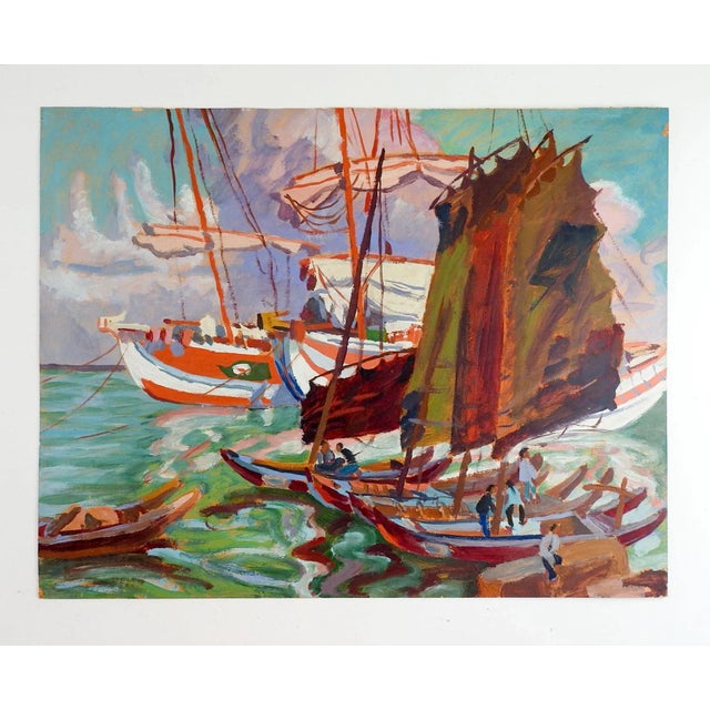 Mid 20th century gouache on cardboard painting of exotic harbor scene with sailboats fishing boats. Unsigned. Unframed,...