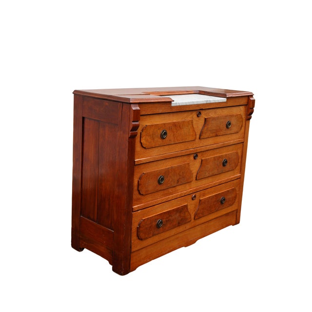 Victorian Late 19th-Century Victorian Burl-Wood, Oak & Marble Washstand Chest, C. 1890 For Sale - Image 3 of 18
